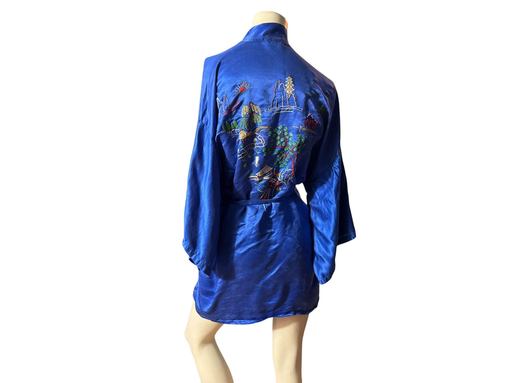 Vintage blue silk oriental dragon robe lingerie M