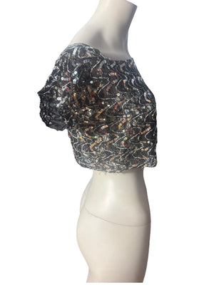 Vintage 80's black silver sequin half top M