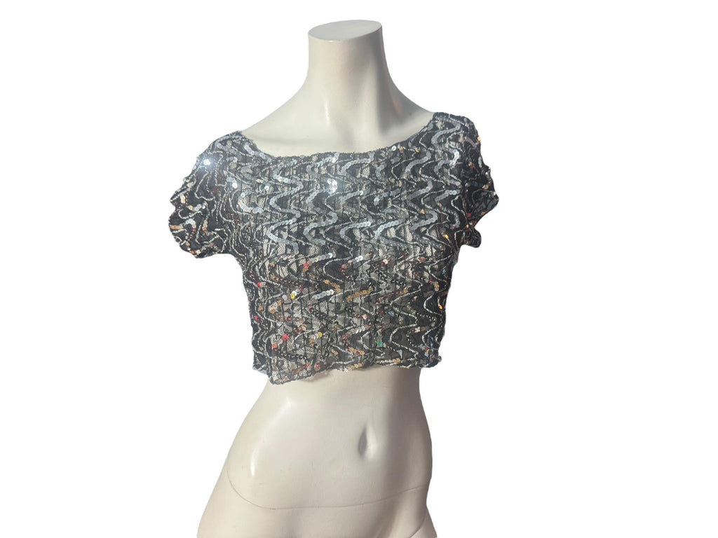 Vintage 80's black silver sequin half top M