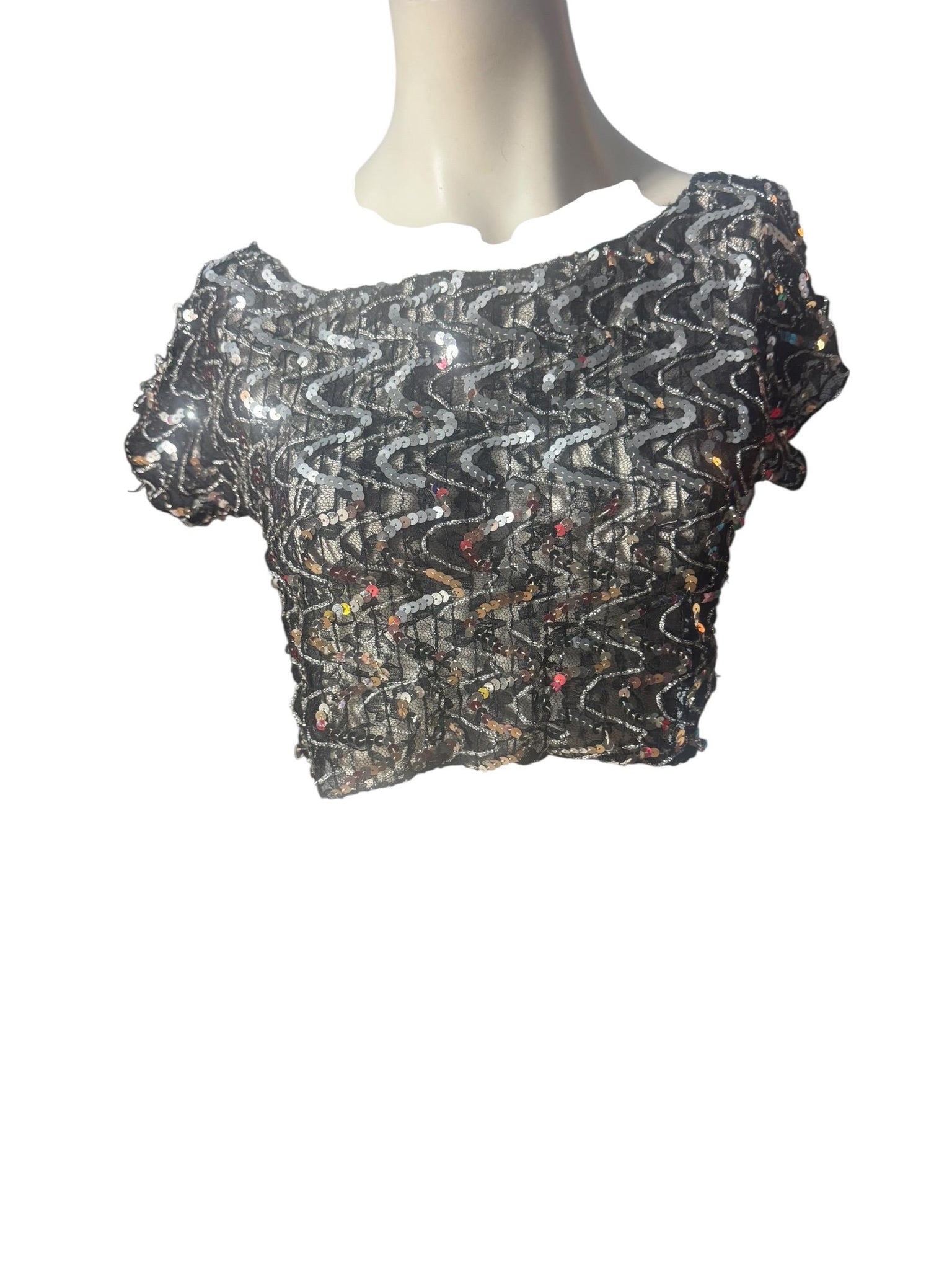 Vintage 80's black silver sequin half top M