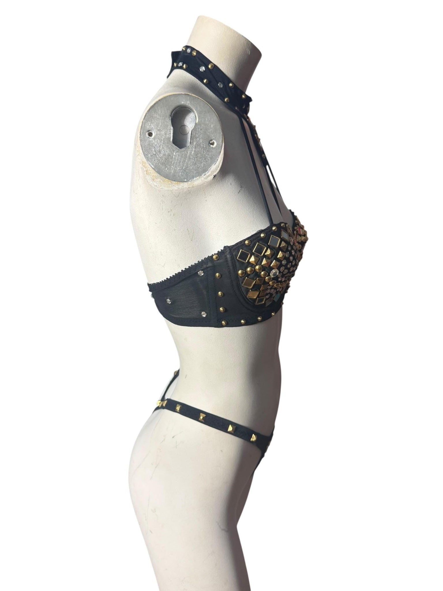 Vintage black & gold stud bra and panties 34B