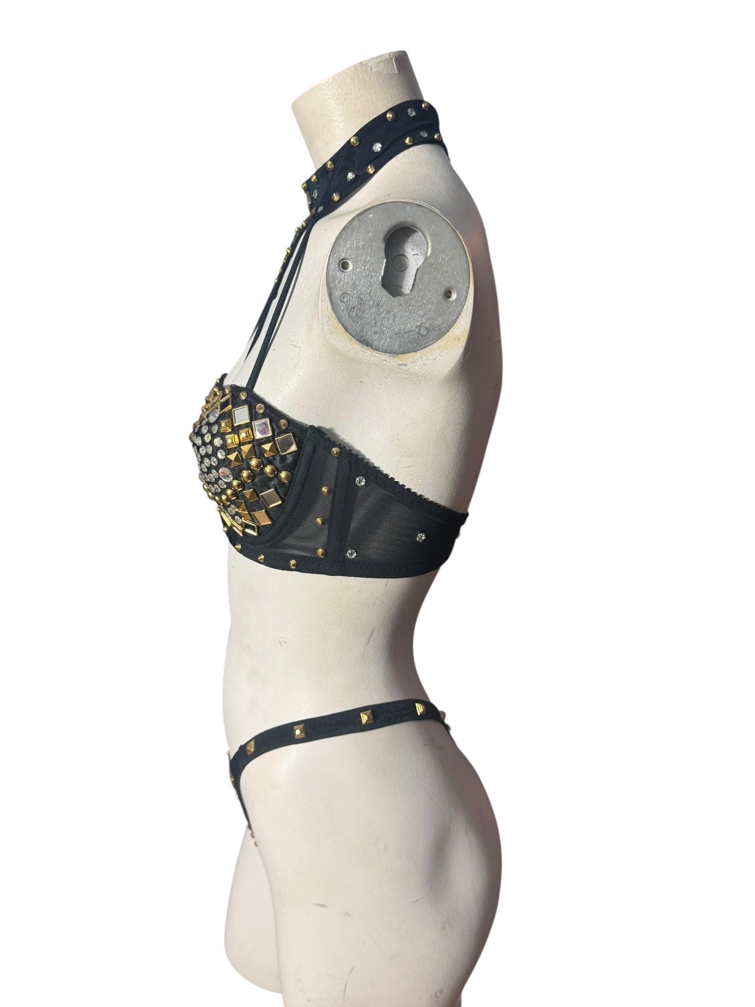 Vintage black & gold stud bra and panties 34B