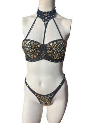 Vintage black & gold stud bra and panties 34B
