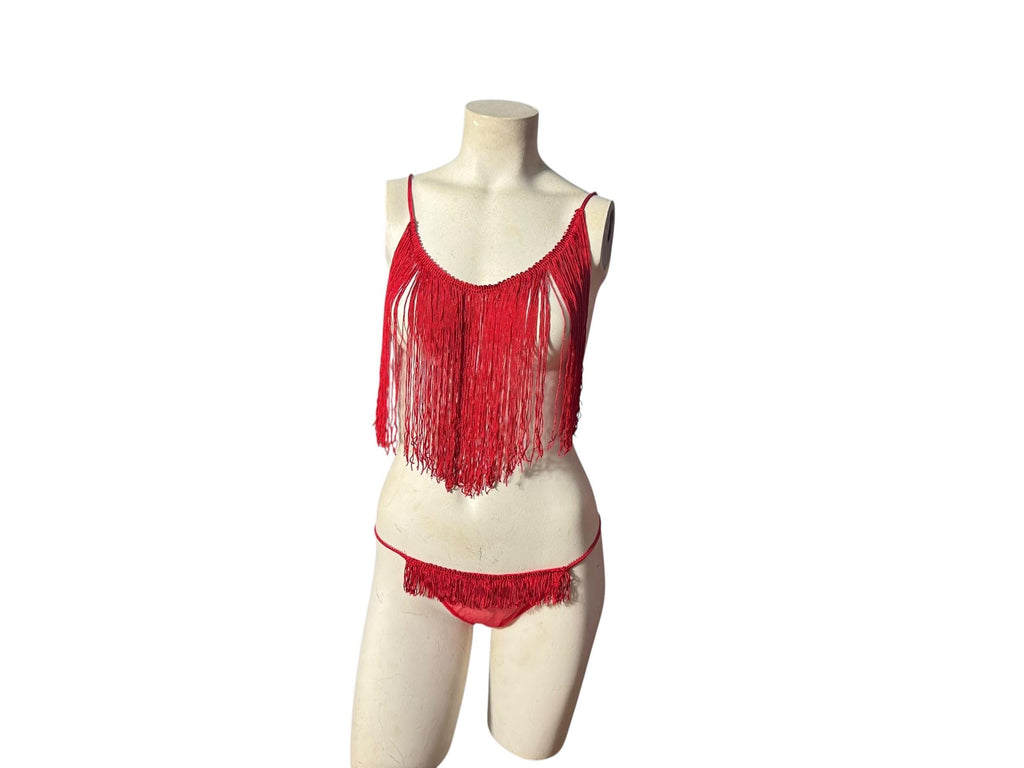 Vintage 80's red fringe lingerie set M Shirley