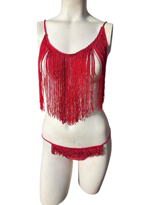 Vintage 80's red fringe lingerie set M Shirley
