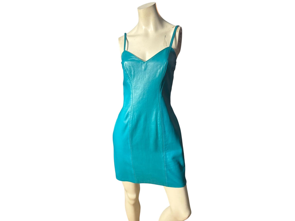 Vintage 1980’s turquoise leather dress S Firenze