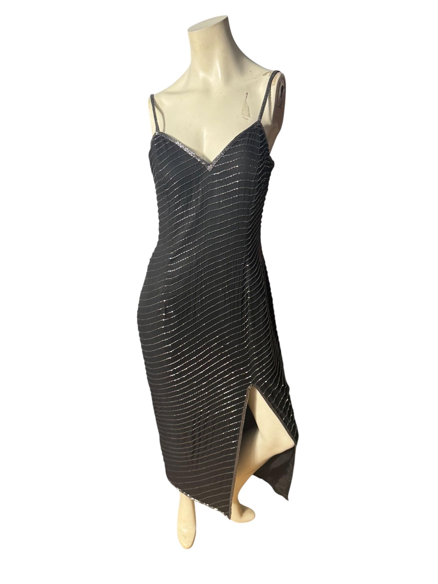 Vintage 80's black sequin and bead dress 12 L Cache