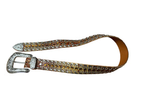 Vintage brown leather & metal rhinestone belt S