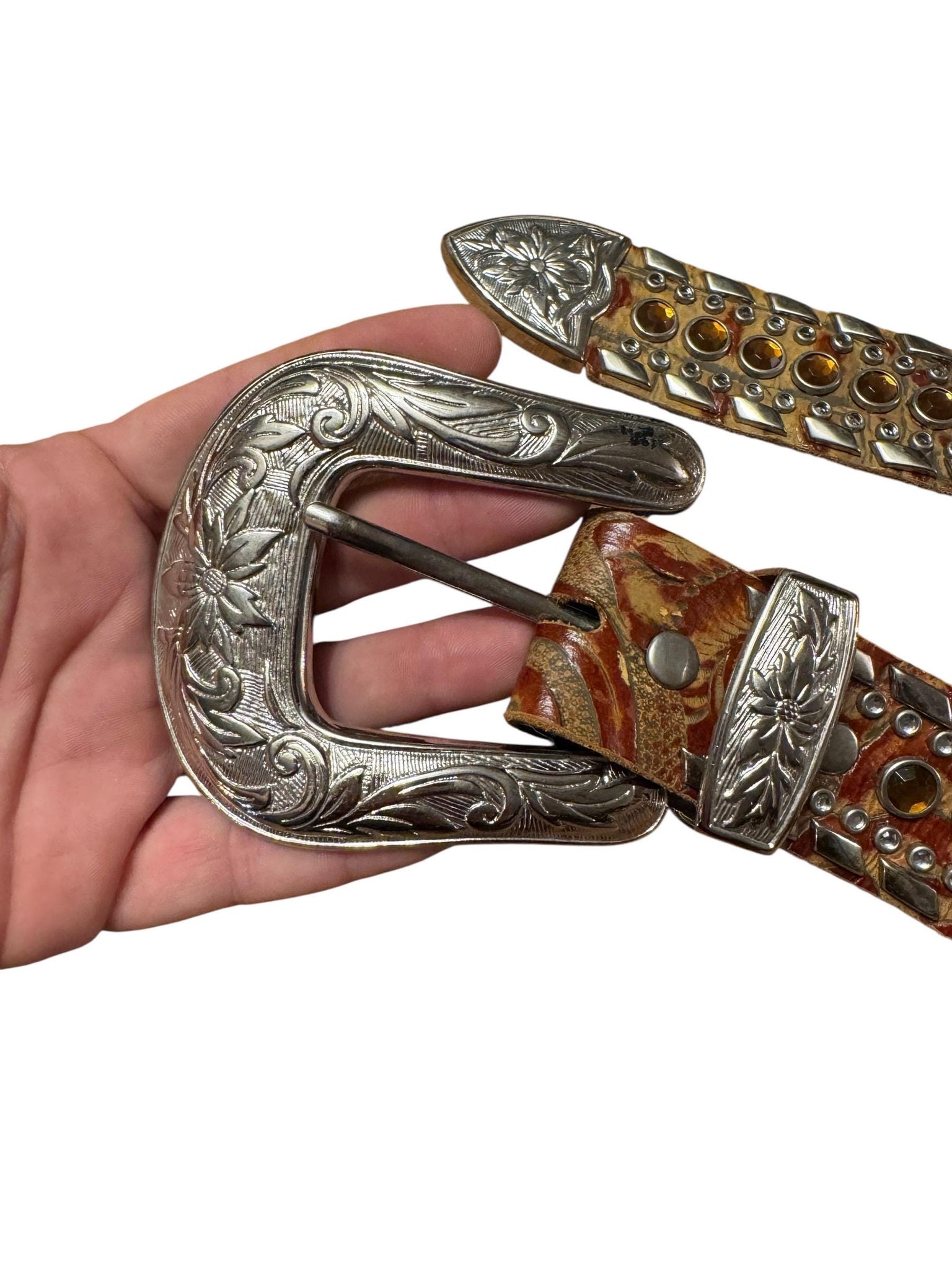 Vintage brown leather & metal rhinestone belt S
