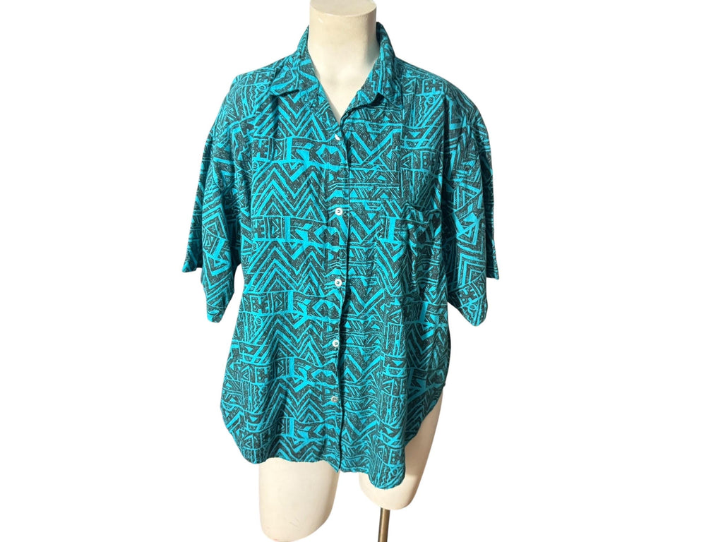 Vintage 80's women's abstract shirt M turquoise