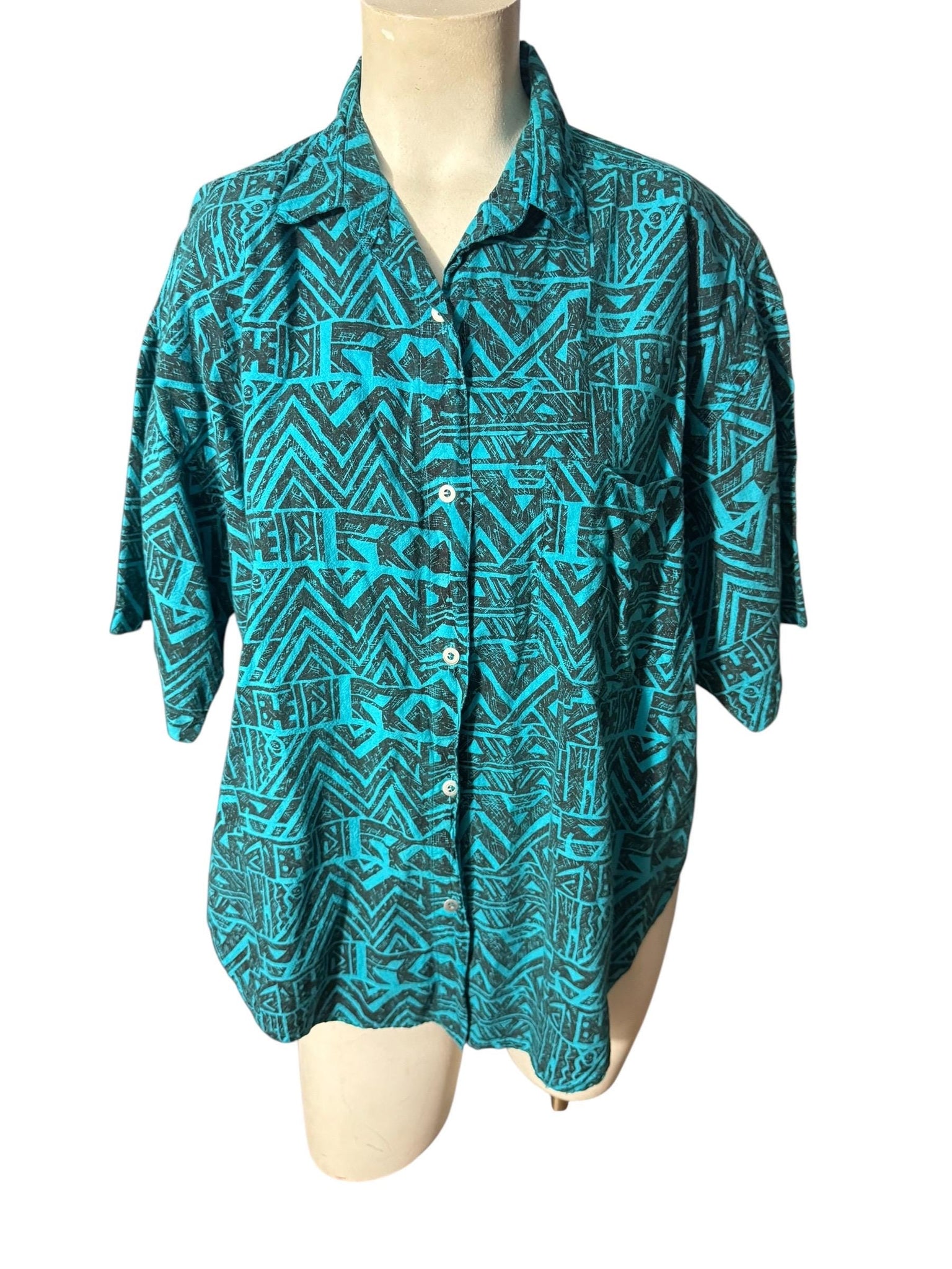 Vintage 80's women's abstract shirt M turquoise