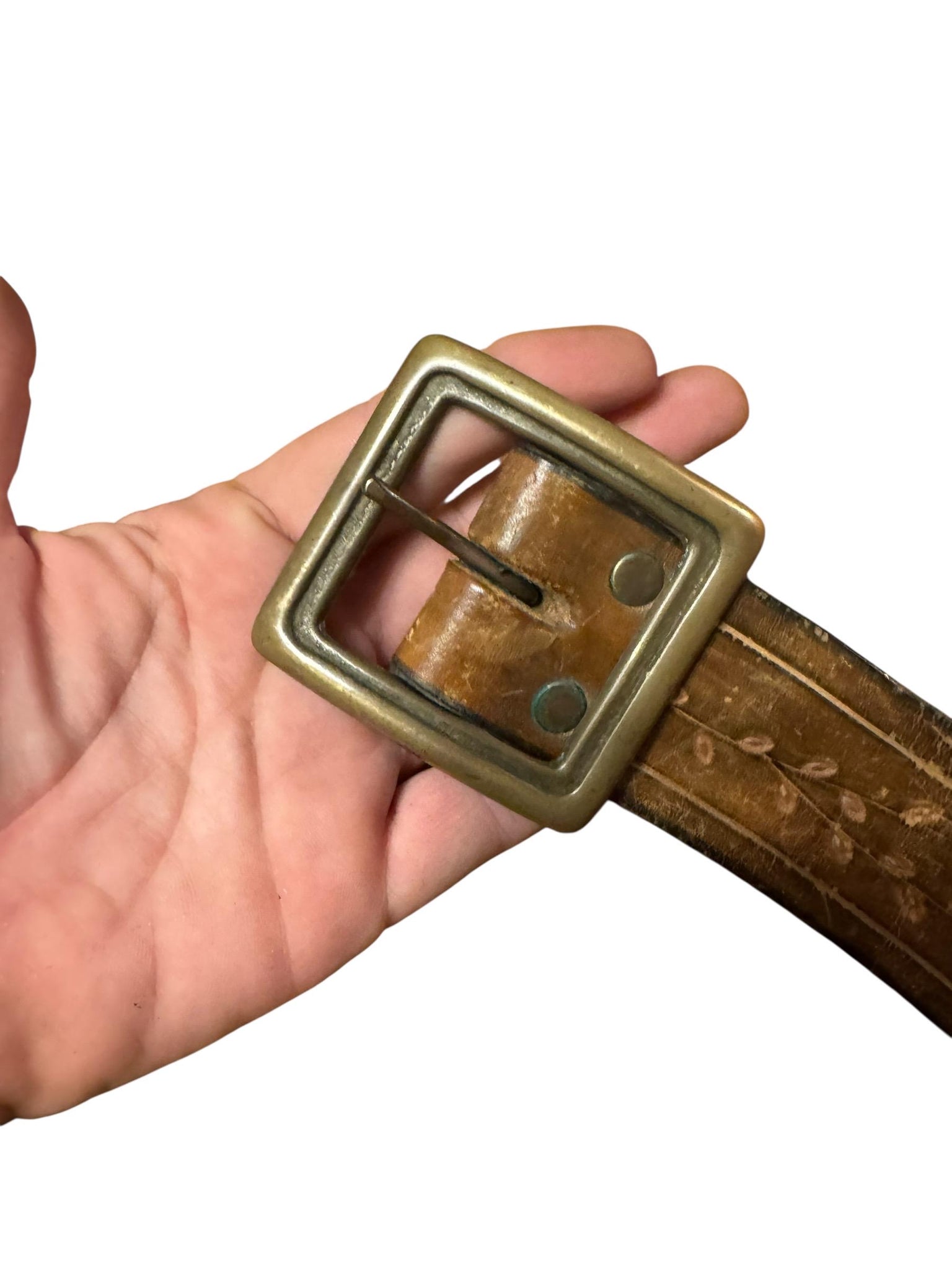 Vintage brown brass & leather stamped belt 38
