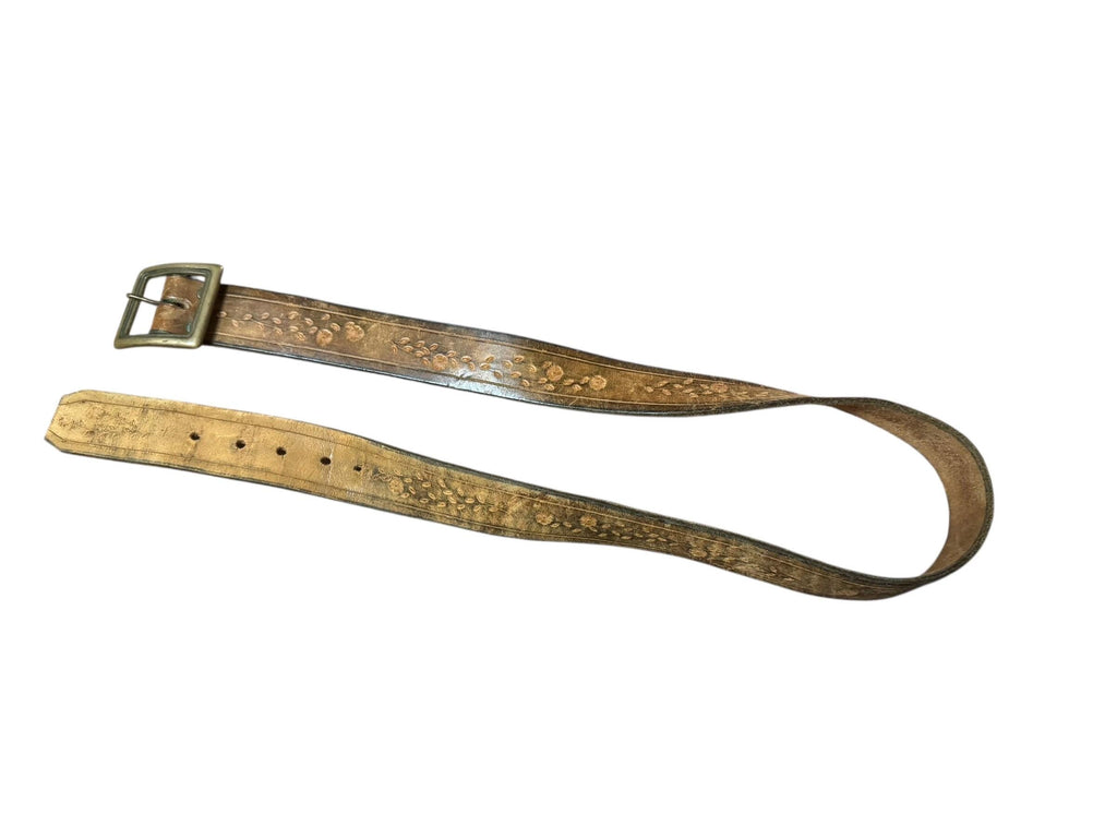 Vintage brown brass & leather stamped belt 38