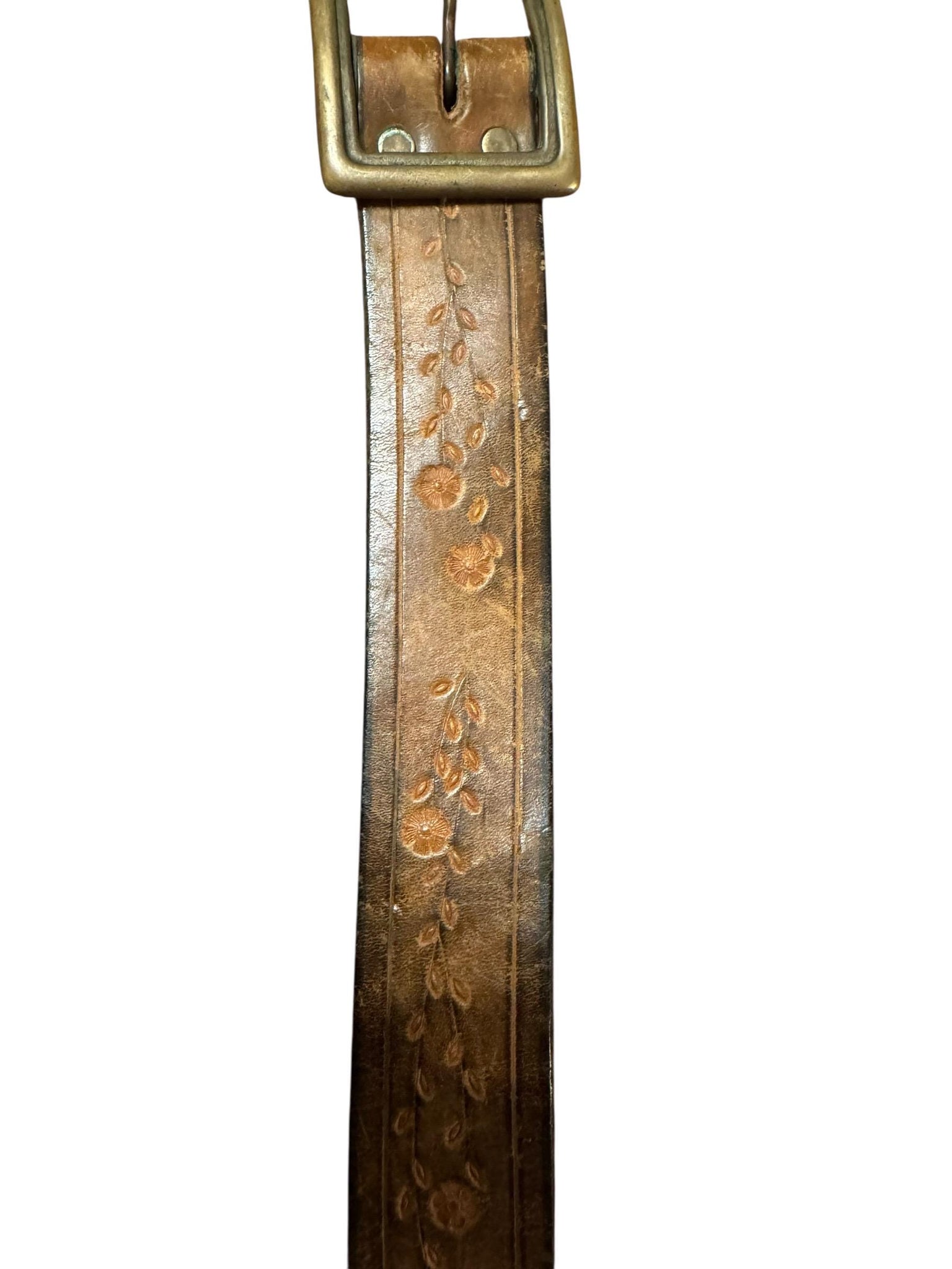 Vintage brown brass & leather stamped belt 38