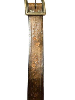 Vintage brown brass & leather stamped belt 38