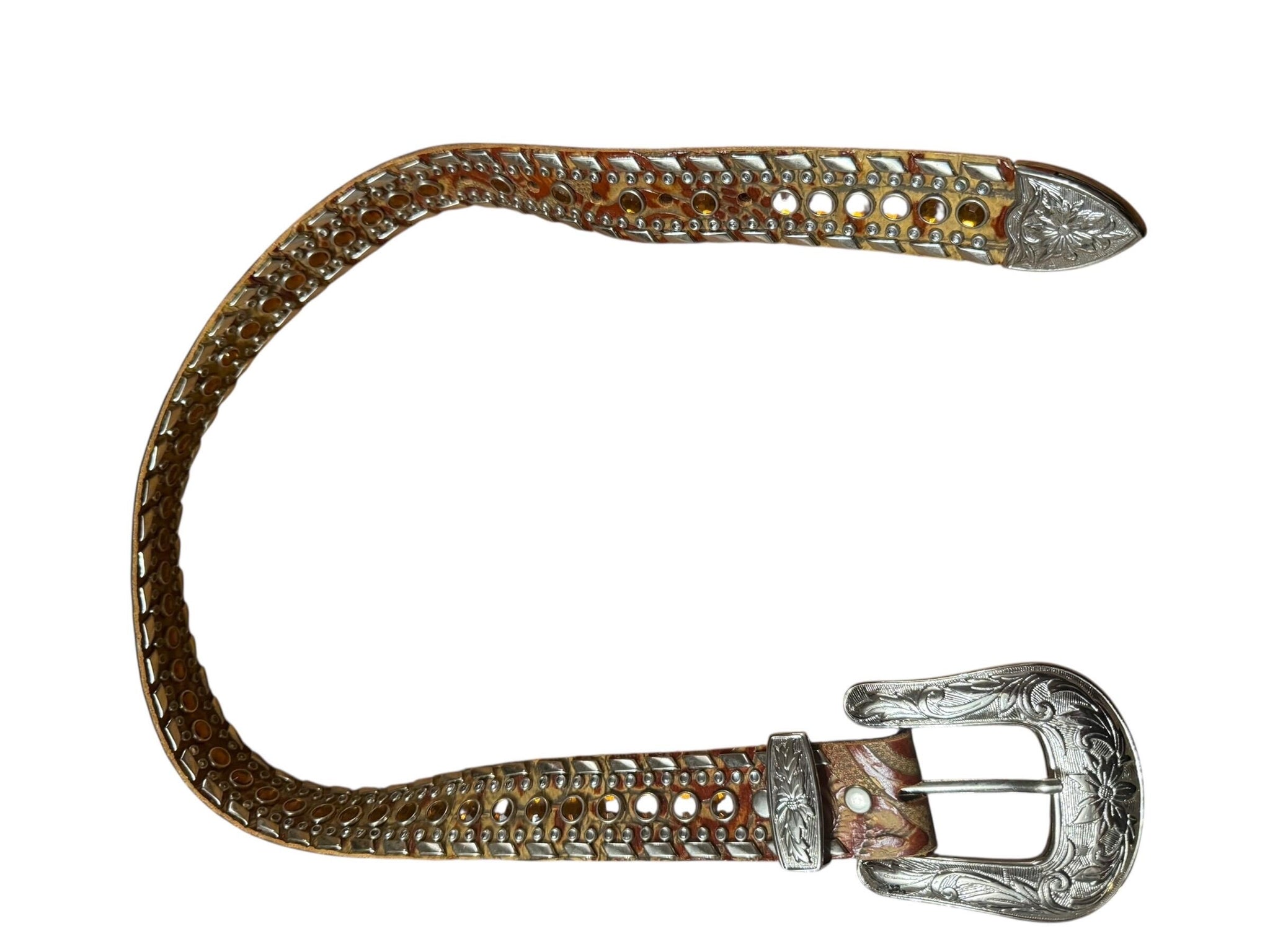 Vintage brown leather & metal rhinestone belt S