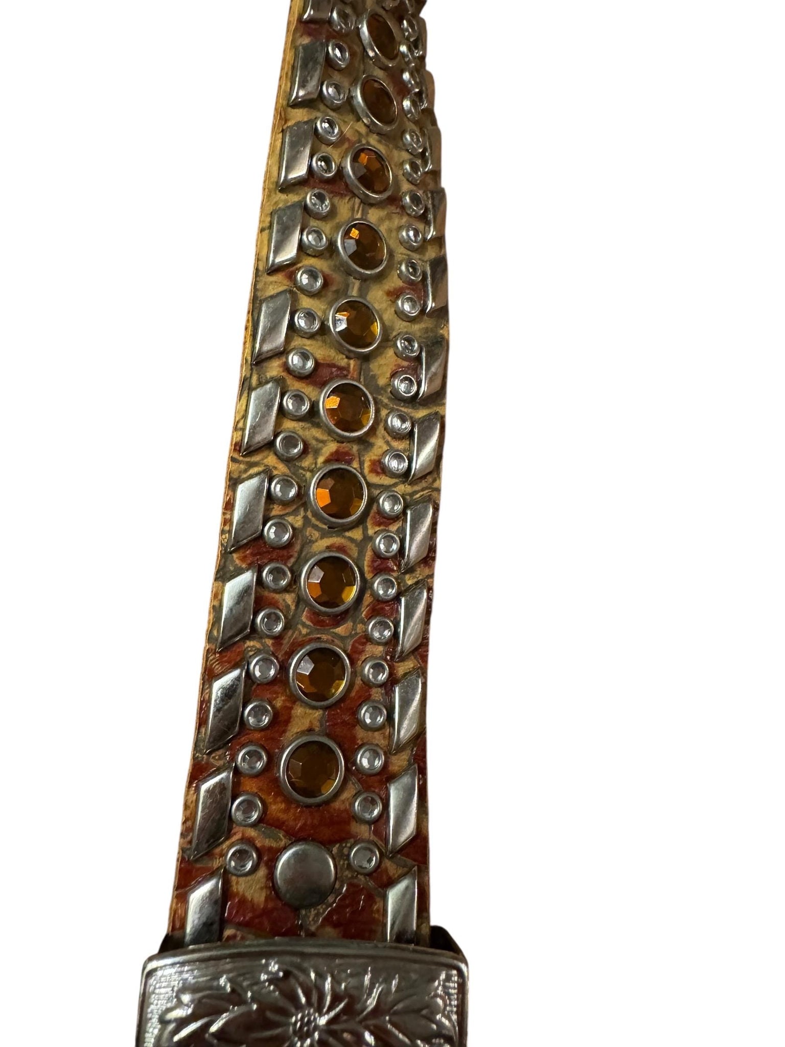 Vintage brown leather & metal rhinestone belt S